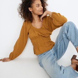 Madewell Sophia Top in Textured Plaid vintage gold smocked waist M nwt